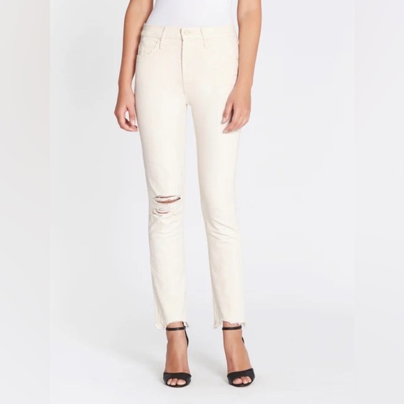 Mother The Flirt Chew White Distressed High Waisted Cutoff Straight Leg Jeans - Picture 1 of 6